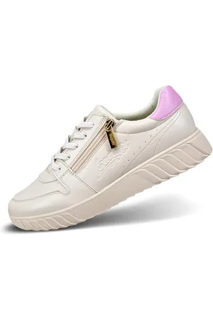 Bugatti Damen-Beige-Sneaker mit Lila-Akzenten, Reißverschluss-Detail, Logo-Elementen und gestreiftem Sohlenmuster beige/Trends 40 EU