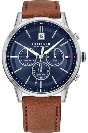 Tommy Hilfiger Herren Multifunktions-Quarzuhr mit 44 mm - Marineblaues Zifferblatt, Heller Braun Lederarmband, 3 Unterzifferblätter, Wasserfest bis 5ATM - 1791629