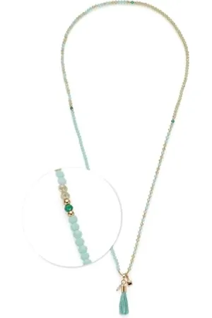 Leonardo Halskette Donna • lange Endlos-Kette aus goldfarbenem Edelstahl • Glasperlen in sanften Türkistönen • Quasten-Anhänger • 80 cm Länge • Schmuck Geschenk für Frauen • 024896