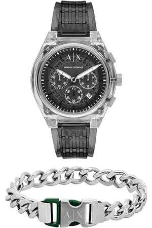 Armani Exchange Herren Graues Polyurethan Uhr und Armband Silberfarbener Edelstahl, Set