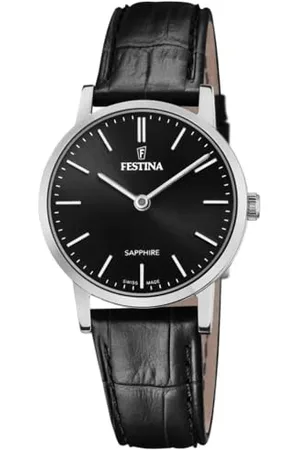 Festina Uhr Für Damen F20013/4 Swiss Made Silber Edelstahl Case SchwarzLeder Band