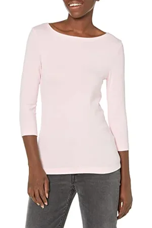 Amazon Damen T-Shirt mit Bateau-Ausschnitt und 3/4-Ärmeln in schmaler Passform, , M