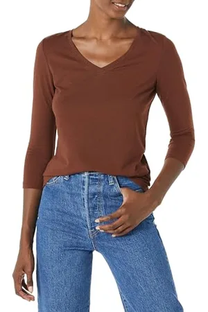 Amazon Damen T-Shirt Mit V-Ausschnitt Und 3/4-Ärmeln, Klassischer Schnitt (Erhältlich In Übergröße), , L
