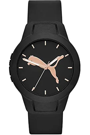 PUMA Damenuhr Reset, Dreizeigeruhrwerk, 36 mm Gehäuse aus schwarzem Polycarbonat mit PolyurethanArmband, P1006