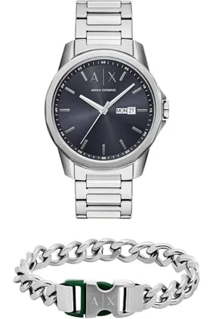 Armani Exchange Herren Silberfarbene Edelstahl Uhr und Armband, Set