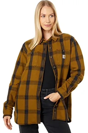 Carhartt Damen Loose Fit Heavyweight Twill Long-Sleeve Plaid Work Utility Button Down Shirt, Brown, M EU