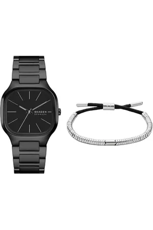 Skagen Herren Mellem Schwarze Edelstahl Uhr und Pelle-Armband Silberfarben, Set