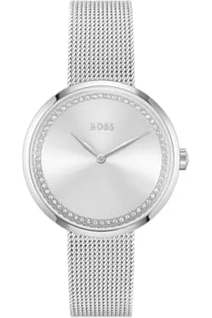 HUGO BOSS Analog Quarzuhr für Damen mit Silbernes Edelstahl-Mesh-Gliederarmband - 1502546
