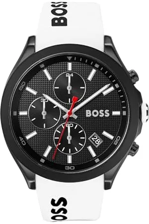 HUGO BOSS Herren Chronograph Quarz Uhr 44 mm Velocity Kollektion, mit Schwarzem Texturiertem Zifferblatt, Weißem Silikonarmband, Datumsfunktion, 3 Sub-Dials, Wasserresistenz 5ATM - 1513718
