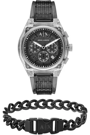 Armani Exchange Herren Graues Polyurethan Uhr und Armband Schwarzer Edelstahl, Set