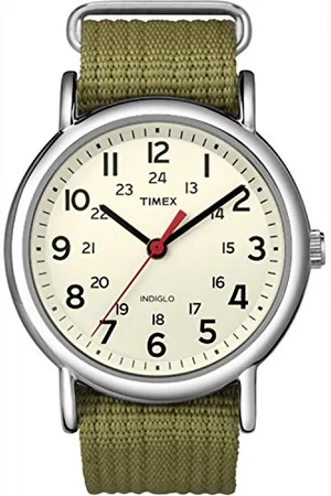 Timex Weekender T2N651 Armbanduhr, 38 mm, cremefarbenes Zifferblatt und olivgrünes Armband