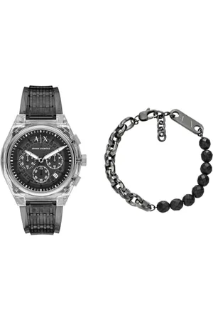 Armani Exchange Herren Graues Polyurethan Uhr und Armband Gunmetal Edelstahl, Set