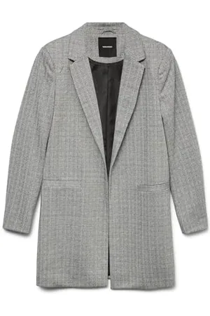 VERO MODA Damen Vmsilva Ls Long Blazer, Black/Detail:Snow White Herringbone, 44