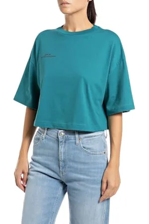 Replay Damen T-Shirt Kurzarm aus Baumwolle, Türkis (Peacock... 181), S