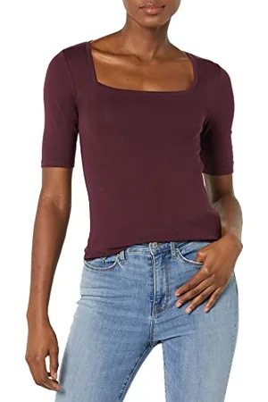 Amazon Damen Halbarm-T-Shirt mit eckigem Ausschnitt in schmaler Passform, , XL