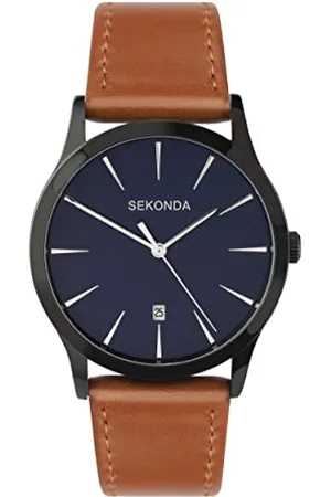 Sekonda 1514 Analoge Quarzuhr für Herren, blaues Zifferblatt und braunes Lederband