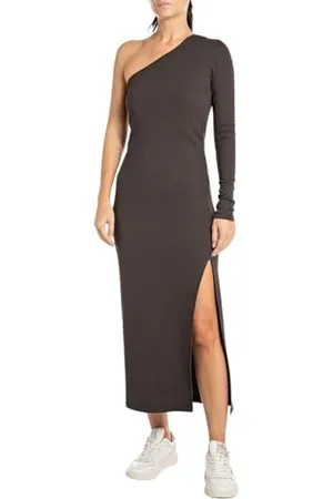 Replay Damen Kleid Langarm Asymmetrisch, Schwarz (Brown Black 528), M
