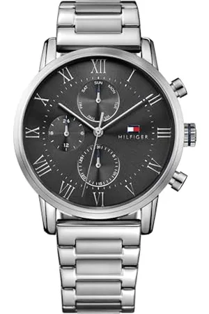 Tommy Hilfiger Herren 44mm Analoge Multifunktions-Quarzuhr - Graues Sunray-Zifferblatt, Silbernes Edelstahlarmband, 3 Hilfszifferblätter, 3ATM Wasserdichtigkeit - 1791397