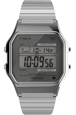 Timex T80 Unisex-Armbanduhr, 34 mm, dehnbares Edelstahlarmband, digitales Zifferblatt, silberfarbenes Gehäuse TW2R79100