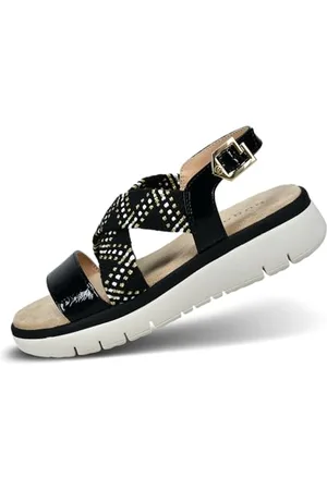 Bugatti Damen Sandalen in Schwarz mit gestrickten Obermaterialien, lackierten Riemen, modernen Farbakzenten und weichen Textileinlegesohlen. black/offwhite 39 EU