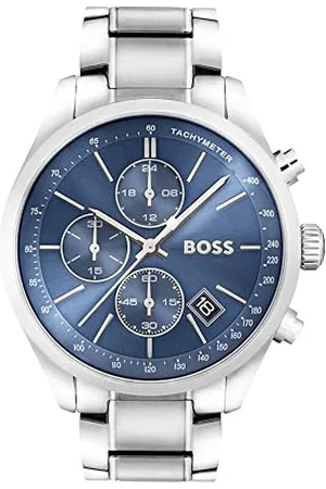 HUGO BOSS Herren 44mm Chronograph Quarzuhr Grand Prix Kollektion mit Blauem Zifferblatt und Edelstahlarmband, Datumsfunktion, 3 Hilfszifferblätter, 3ATM Wasserdichtigkeit - 1513478
