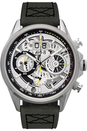 Avi-8 Mens 45mm Hawker Harrier Matador Chronograph Ivory Steel Japanese Quartz Pilot Watch with Genuine Leather Strap AV-4065-01