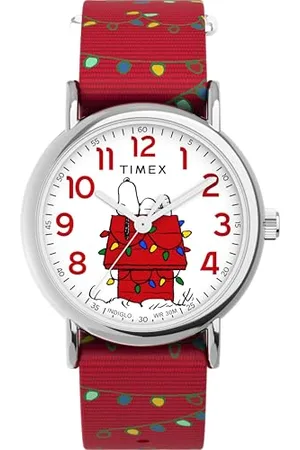 Timex Peanuts Damen-Armbanduhr, 38 mm, rotes Stoff-Durchzugsarmband, weißes Ziffernblatt, silberfarbenes Gehäuse TW2W80800