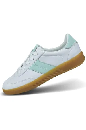 Bugatti Damen-Weiße Sneakers mit hellgrünen Akzenten, gerillten Gummisohlen und bequemem Halt für einen modernen, minimalistischen Look weiß/hellgrün 42 EU