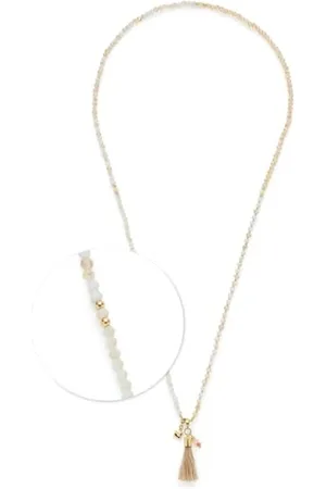 Leonardo Halskette Donna • lange Endlos-Kette aus goldfarbenem Edelstahl • Glasperlenkette in sanften Beigetönen • Quasten-Anhänger • 80 cm Länge • Schmuck Geschenk für Frauen • 024897