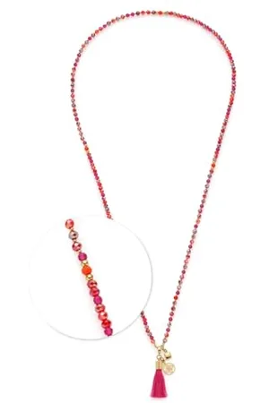 Leonardo Halskette Donna • lange Endlos-Kette aus goldfarbenem Edelstahl • Glasperlen in kräftigen Pinktönen • Quasten-Anhänger • 80 cm Länge • Schmuck Geschenk für Frauen • 024898