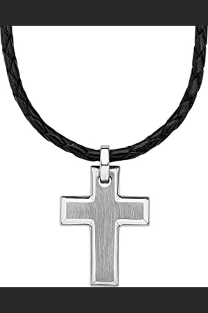 QS by s.Oliver Kette mit Kreuzanhänger für Herren, Anhänger: Edelstahl, Kette: Echtes Leder, Silber/