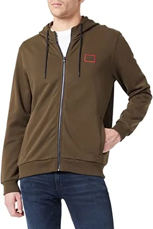 HUGO BOSS Herren Dorneol Kapuzenjacke aus French Terry mit Reißverschluss und eingerahmtem Logo Dunkelgrün M