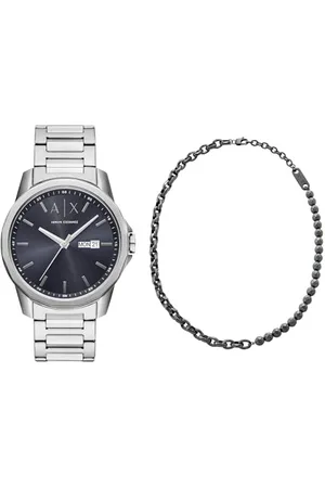 Armani Exchange Herren Silberfarbene Edelstahl Uhr und Halskette Gunmetal, Set