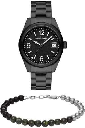 Armani Exchange Herren Schwarze Edelstahl-Uhr und Silber-Ton Armband, Set
