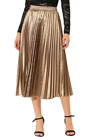 Allegra K Damen Elastische Taille Party Metallic Glänzend Akkordeon Plissee Midi Rock, Goldbraun, X-Groß