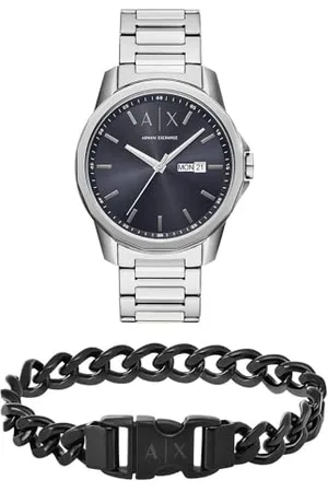 Armani Exchange Herren Silberfarbene Edelstahl Uhr und Armband Schwarz, Set