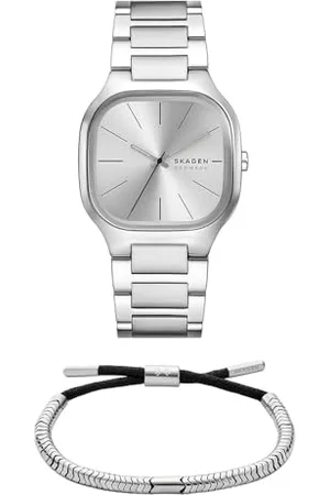 Skagen Herren Mellem Silberfarbene Edelstahl Uhr und Pelle-Armband, Set
