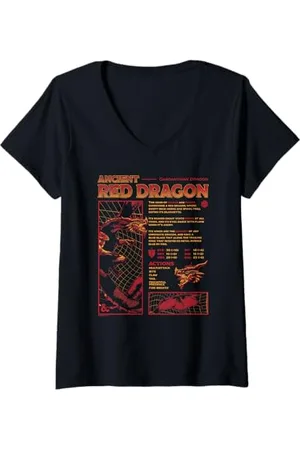 Dungeons & Dragons Damen Iconic Acient Red Dragon Stats Big Poster T-Shirt mit V-Ausschnitt