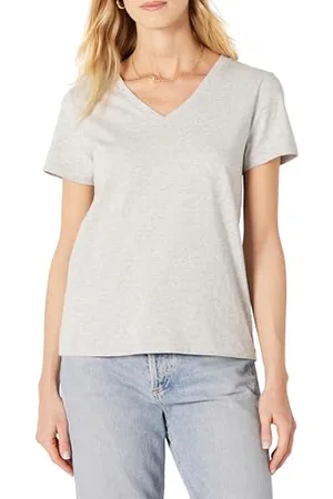 Amazon Damen Kurzarm-T-Shirt mit V-Ausschnitt, Regular Fit aus 100% Baumwolle, , L