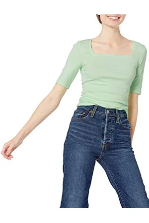 Amazon Damen Halbarm-T-Shirt mit eckigem Ausschnitt in schmaler Passform, , S