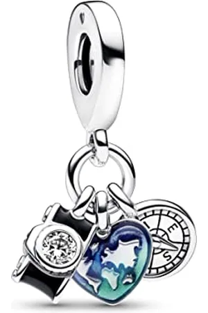 PANDORA Moments Kamera, Herz & Kompass Dreifacher Charm-Anhänger aus Sterling , Cubic Zirkonia, Kompatibel Moments Armbändern, 792703C01