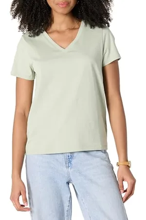 Amazon Damen Kurzarm-T-Shirt mit V-Ausschnitt, Regular Fit aus 100% Baumwolle, , L