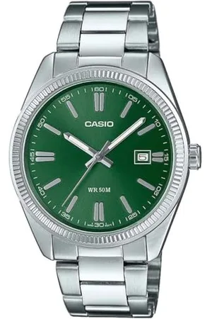 Casio Unisex Quartz Armbanduhr, 39.00mm GehäusegröÃŸe mit grün analog Zifferblatt und Metallarmband Armband MTP-1302PD-3AVEF