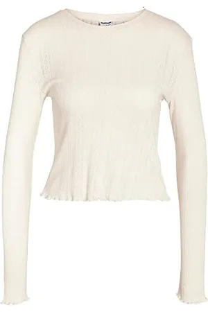 Noisy May Oberteil mit Rüschen Langarm Pointelle Feinstrick Shirt Rundhals Babylock Top NMJUDY, Farben:Weiß,Größe Damen:S