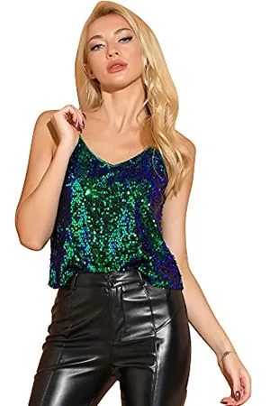 Allegra K Damen Festliches Oberteil Glitzer Top Spaghetti Party Club Camisole Pailletten Shirt XL