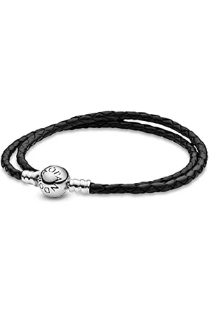 PANDORA Moments doppeltes Schwarzes Lederarmband mit geprägtem Kugelverschluss aus Sterling-Silber, vielseitig kombinierbar, Größe: 41cm