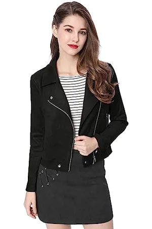 Allegra K Damen-Motorradjacke mit Reißverschluss, Wildlederimitat, kurz, , S