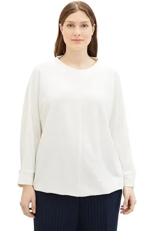 TOM TAILOR Damen Plussize Basic Langarmshirt mit Stehkragen, Whisper White, 48