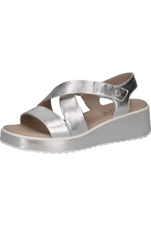 Caprice Damen Sandalen mit Keilabsatz aus Leder Wedges, Silber ( .), 42 EU
