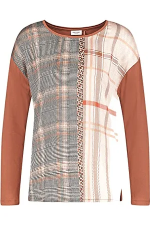 Gerry Weber Damen Langarmshirt mit Patchoptik EcoVero Langarm, überschnittene Schultern Gemustert, kariert Camel/Pumpkin/Schwarz 36